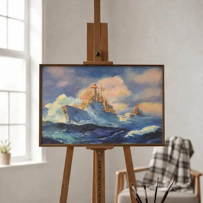 第二次世界大戦の戦艦を描いた油彩画を壁に飾ったところ