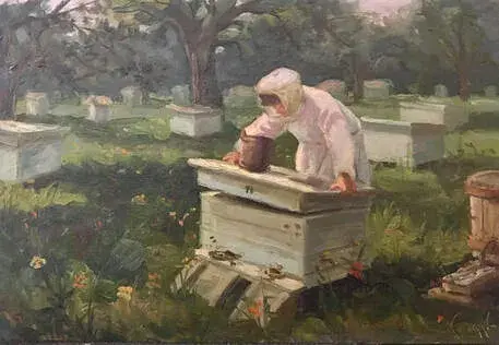 Пасечник в спокойной садовой сцене