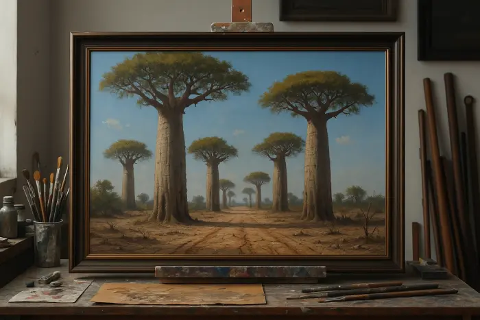 Kehystetty maalaus baobab-puukujanteesta neutraalilla seinällä