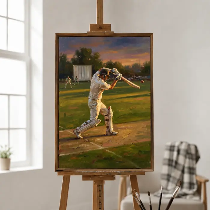 スポーツをテーマにした書斎に掛けられたクリケット選手の絵画（額装）