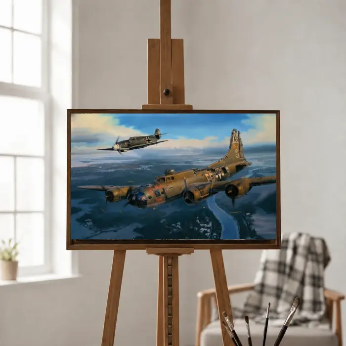 戦闘機と爆撃機が海上を飛ぶ絵画が、リビングルームのイーゼルに飾られている額装された様子
