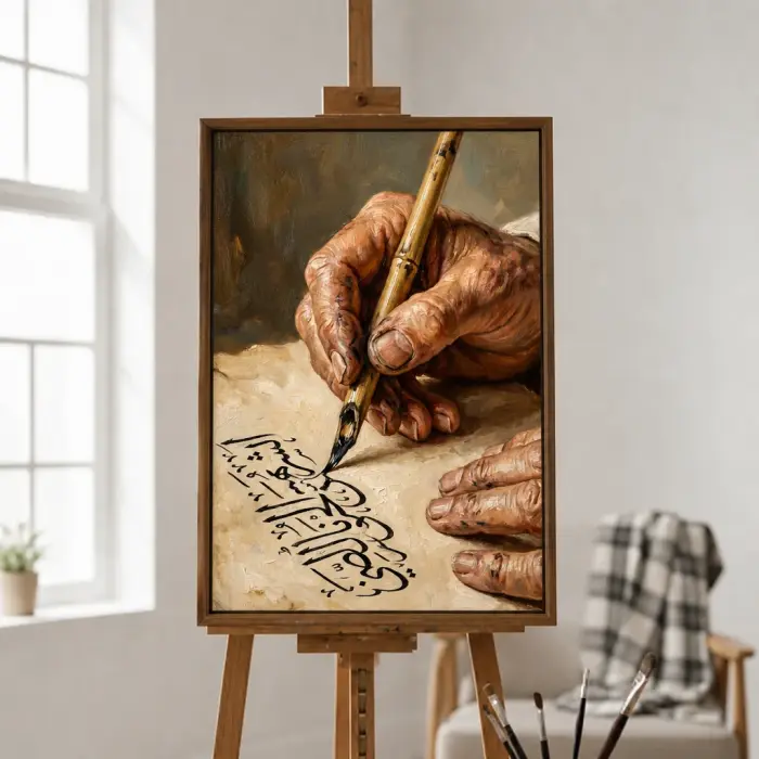 لوحة زيتية مؤطرة ليدي خطاط يكتب نصًا عربيًا، معروضة على الحائط.