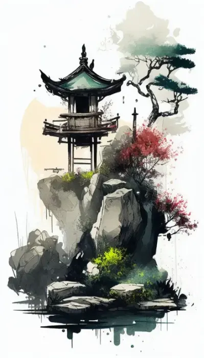 암석 위의 일본 장식탑