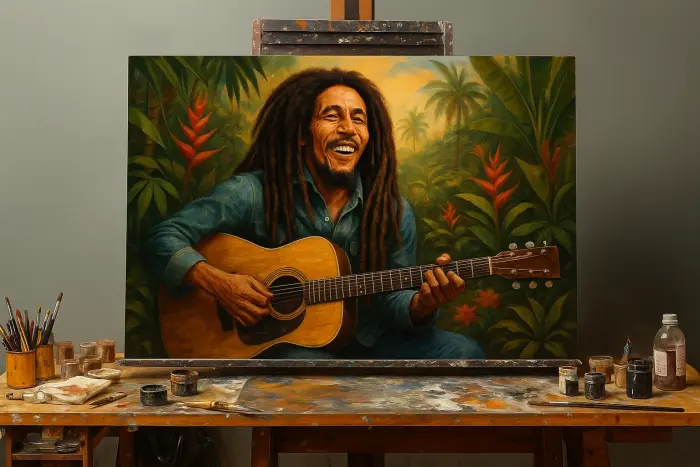 Inramat porträtt av Bob Marley som spelar gitarr hängande på vardagsrumsvägg