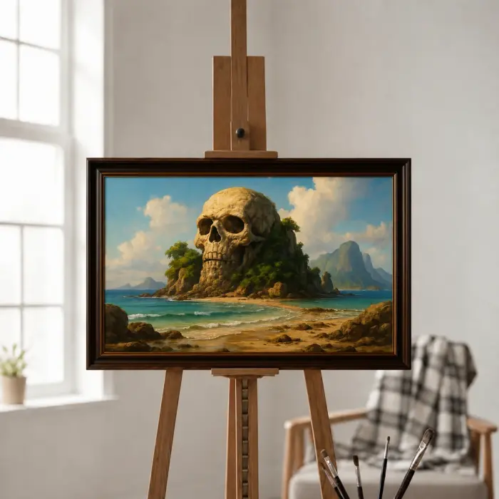 頭蓋骨の形をした岩の島を描いた額縁の絵画がコンソールテーブルの上に掛かっている様子