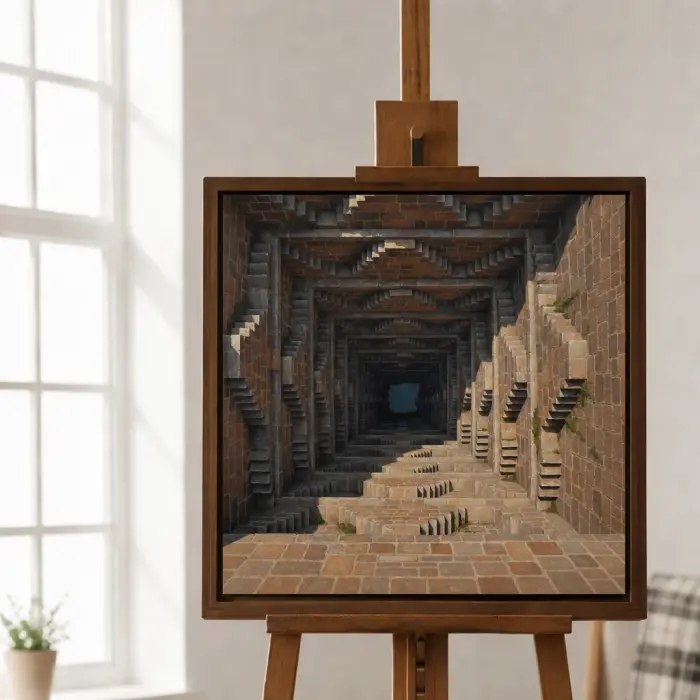 Framed oil painting of an Indian stepwell hanging on a living room wall