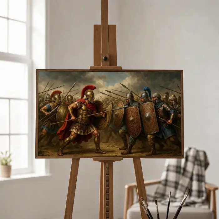 ギリシャ人とペルシャ人が戦う様子を描いた額装絵画が壁に掛けられている様子