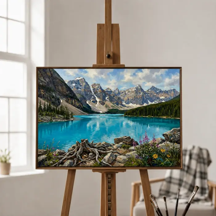 밴프의 청록색 호수와 눈 덮인 산 그림 액자가 벽에 걸린 모습