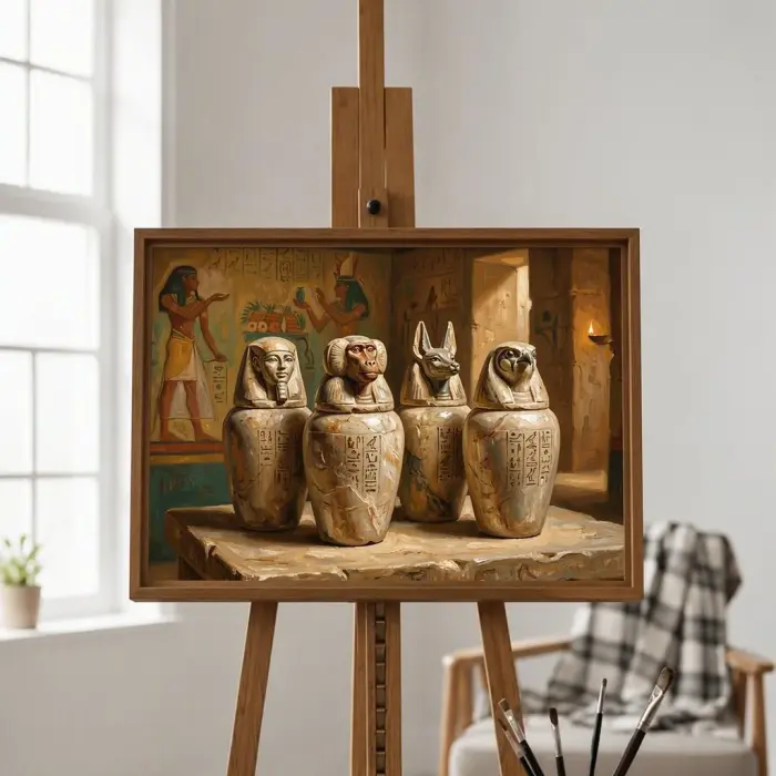 Framed oil painting of Egyptian canopic jars hanging above a console table in a living room