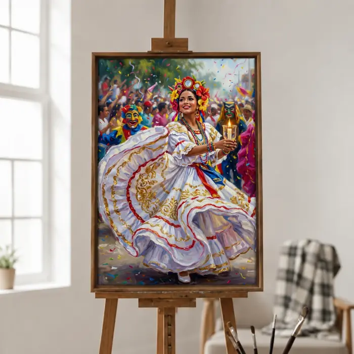 벽에 걸린 바랑키야 카니발 쿰비아 무용수 액자 그림