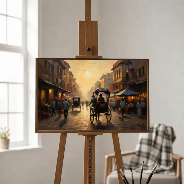 벽에 걸린 콜카타 인력거 거리 풍경의 액자 그림