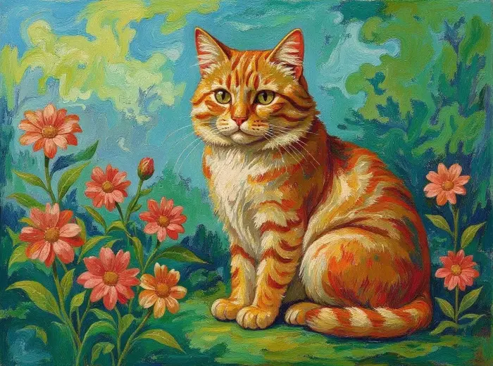 鮮やかな花々の中で穏やかなペルシャ猫