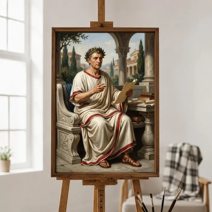 壁に飾られたローマの詩人ウェルギリウスの油絵