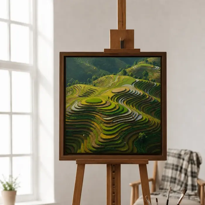 緑と金色の段々畑を描いた額装油絵が壁に掛けられている