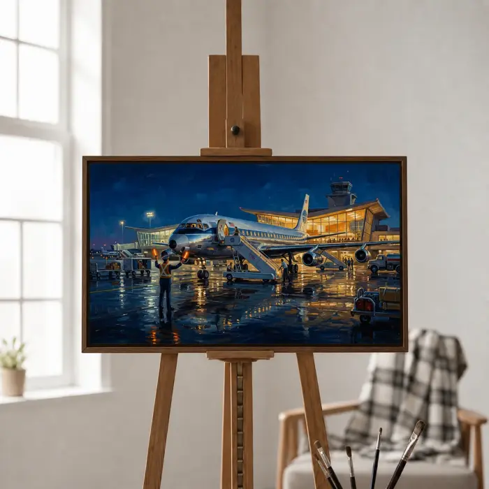 壁に掛けられた照明に照らされた夜の駐機場の1960年代のジェット旅客機の絵画