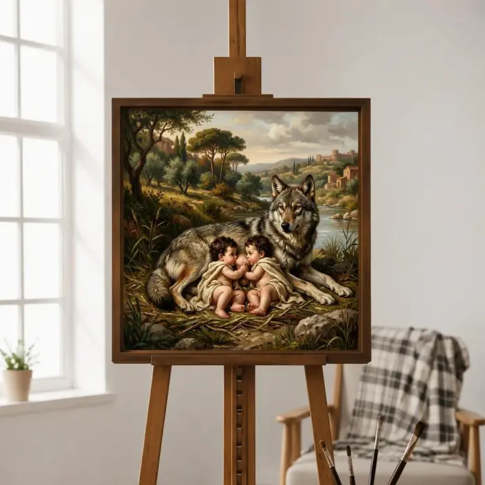 Pintura a óleo emoldurada de Rômulo e Remo com a loba pendurada na parede