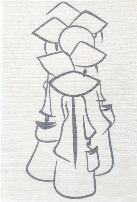 壁に掛けられた、ローブをまとった人物を描いた抽象的な線画の額装