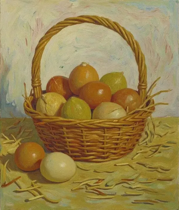 К rustic корзина коричневых яиц в стиле Ван Гога