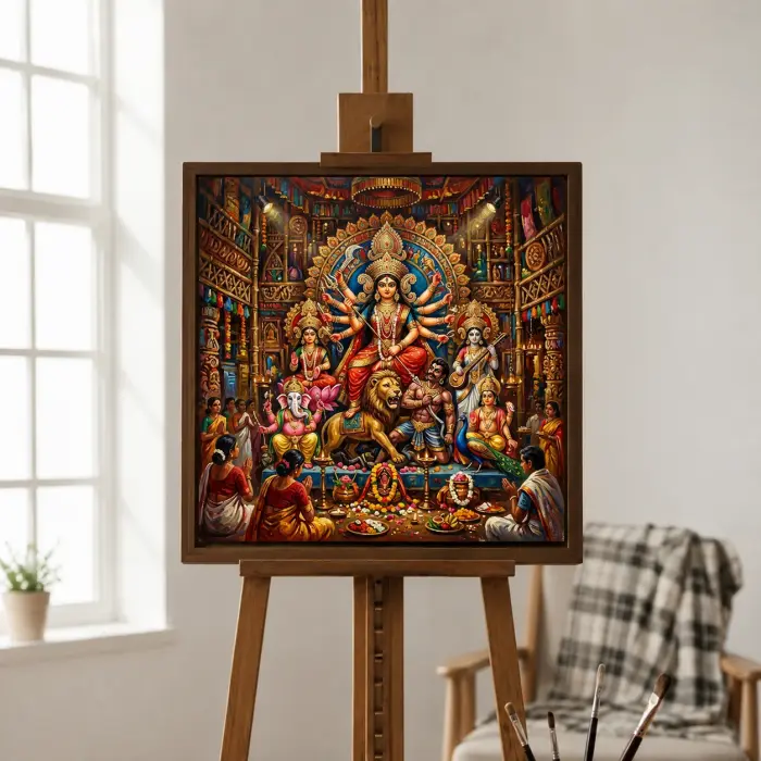 벽에 걸린 두르가 푸자 판달과 여신 우상 액자 그림
