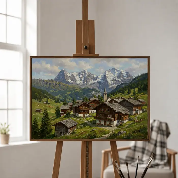 눈 덮인 산 아래 스위스 알프스 마을 그림 액자가 벽에 걸림