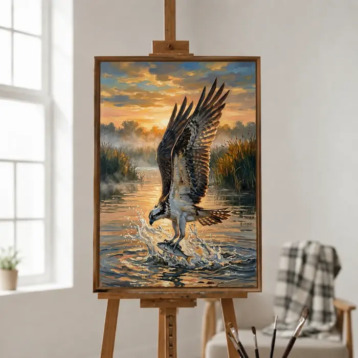 ミサゴが日の出に魚を捕る絵画を額装し、書斎に掛けた様子