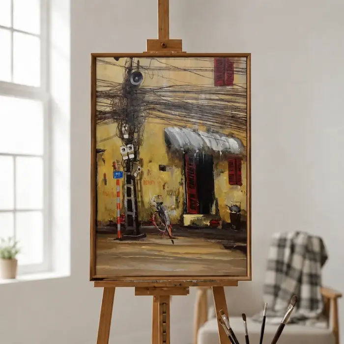 古いサイゴンの街角を描いた絵画がリビングの壁に飾られている様子