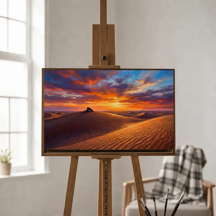 Gerahmtes Ölgemälde eines Wüstengebets bei Sonnenuntergang an einer Wand