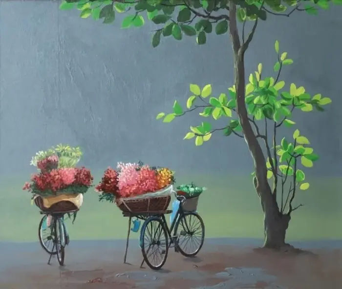 ベトナムの花自転車のストリートシーン