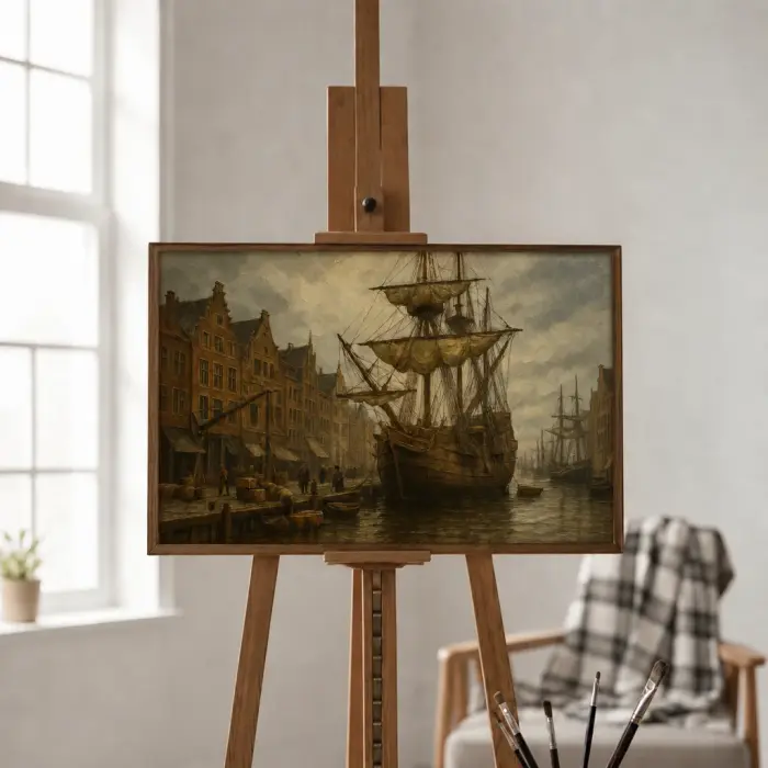Pintura a óleo emoldurada do Mayflower atracado em Amsterdã pendurada numa parede