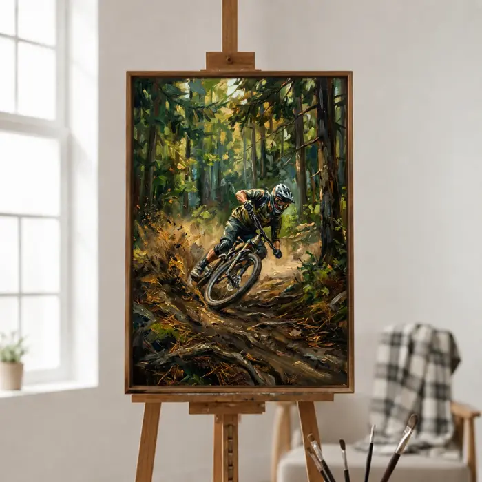 벽에 전시된 숲길의 산악 자전거 타는 사람 그림 액자