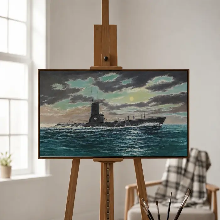 第二次世界大戦の潜水艦が月明かりの海を進む絵画を書斎の壁に飾った様子