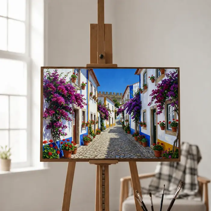 オビドスの花咲く街並みを描いた絵画が壁に飾られ、額装されている様子