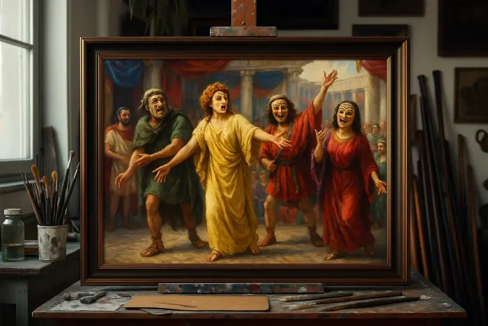 거실 벽에 걸린 로마 연극 가면 공연 액자 그림