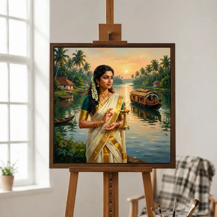 金のサリーを着た女性がオイルランプを掲げている絵画が壁に飾られている様子