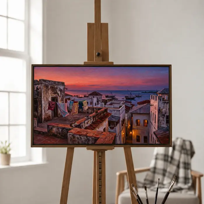 廊下に掛けられた、ストーンタウンの屋上テラスの夕暮れを描いた額装絵画