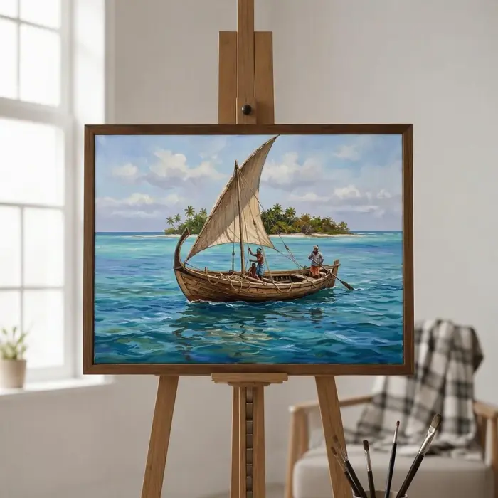 Dhoni sailboat seascape painting framed on a coastal home wall