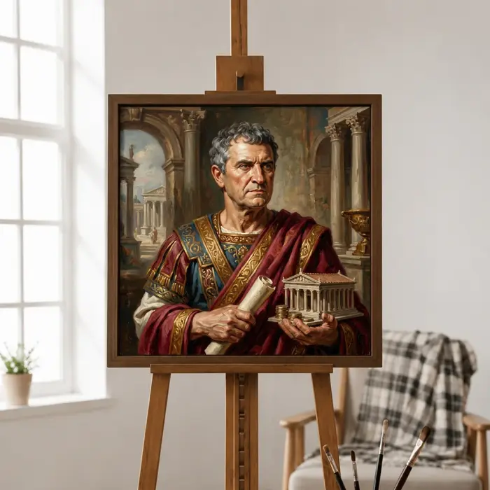 壁に掛けられた、ローマの政治家クラッススの肖像画の額装された絵