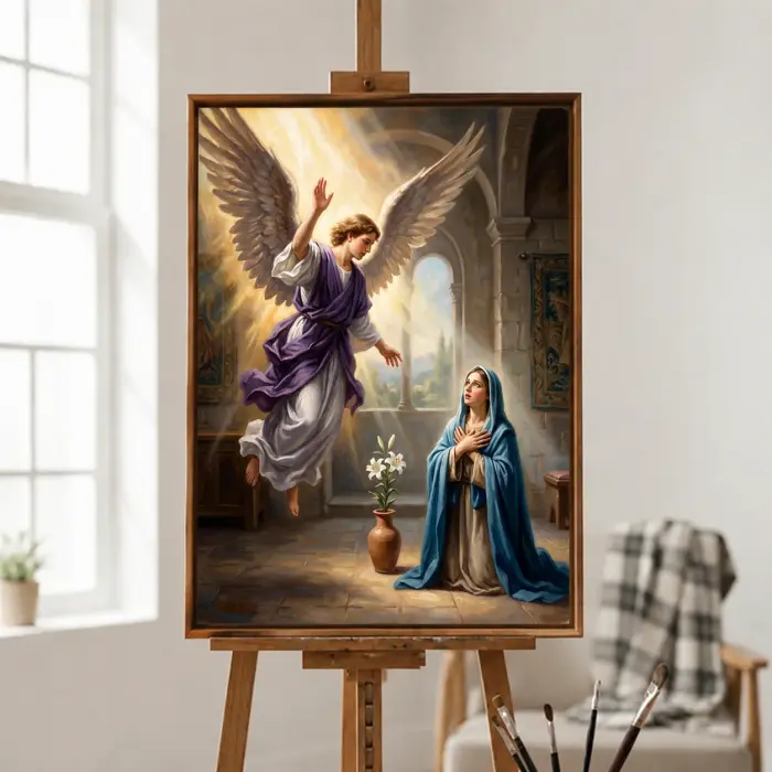 受胎告知の大天使ガブリエルを描いた額装絵画が祈りのコーナーに掛かっている