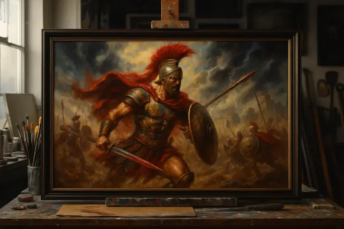 Картина в раме с древним воином в бою висит в кабинете