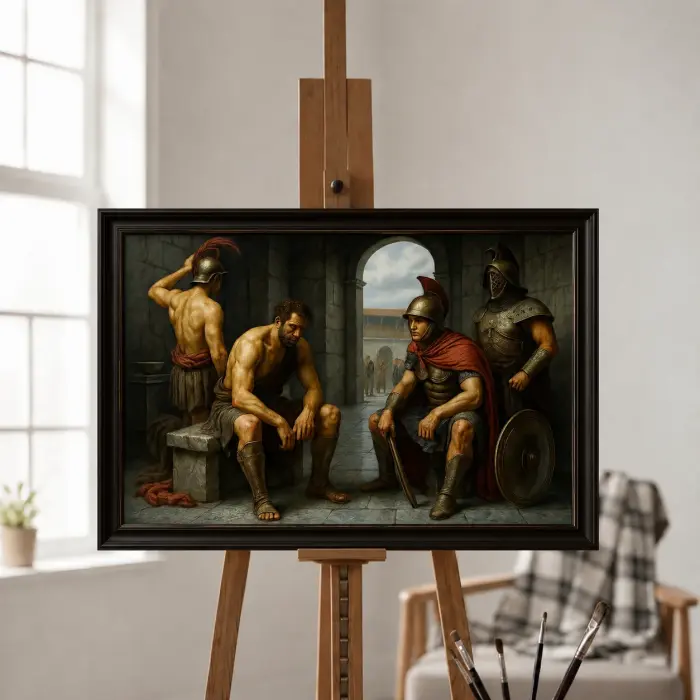 이젤에 전시된 전투 전 휴식하는 검투사 그림 액자