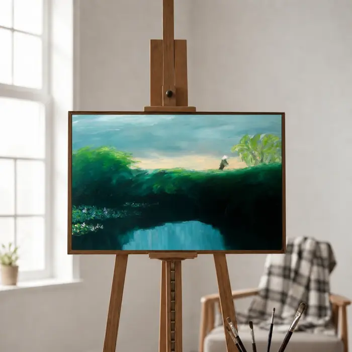 Framed painting of a farmer walking a green ridge above a river, hanging on a wall