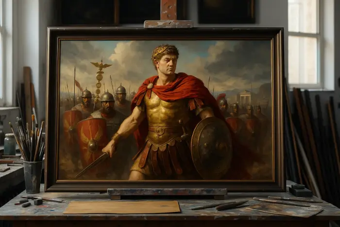 Framed oil painting of a Roman general leading his legion hanging on a wall