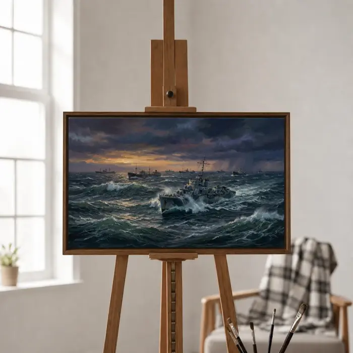 大西洋の護送船団を描いた額装絵画がオフィスに掛かっている