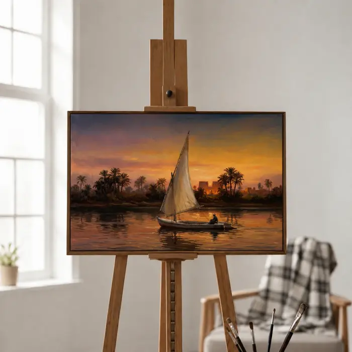 壁に飾られた、ナイル川の夕日を進むフェルッカの絵