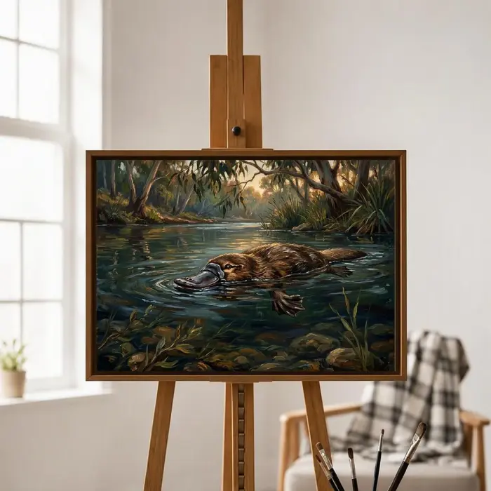 壁に掛けられたカモノハシの油絵の額装