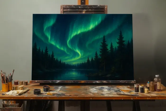 Framed painting of the northern lights over a forest lake hanging in a bedroom.