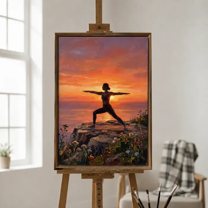 벽에 걸린 일출에 요가하는 여성의 액자 그림