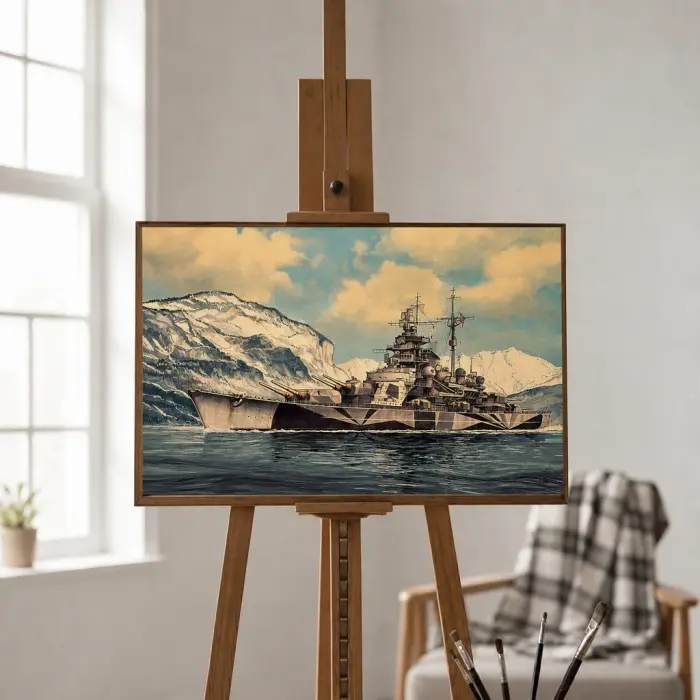 オフィスに飾られた北極海の軍艦の絵のフレーム