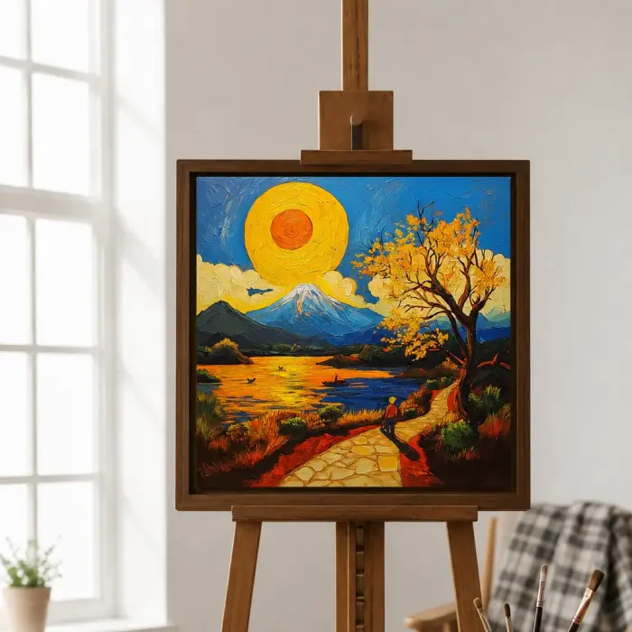 소파 위에 걸린 주황색 태양과 후지산 액자 그림
