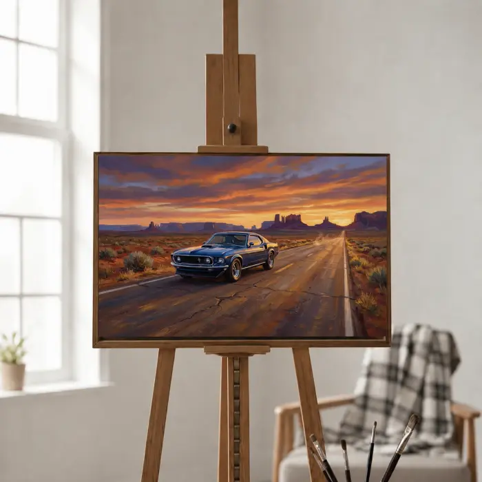 リビングの壁に掛けられた、青いマッスルカーが夕日の砂漠のハイウェイに停まっている絵画